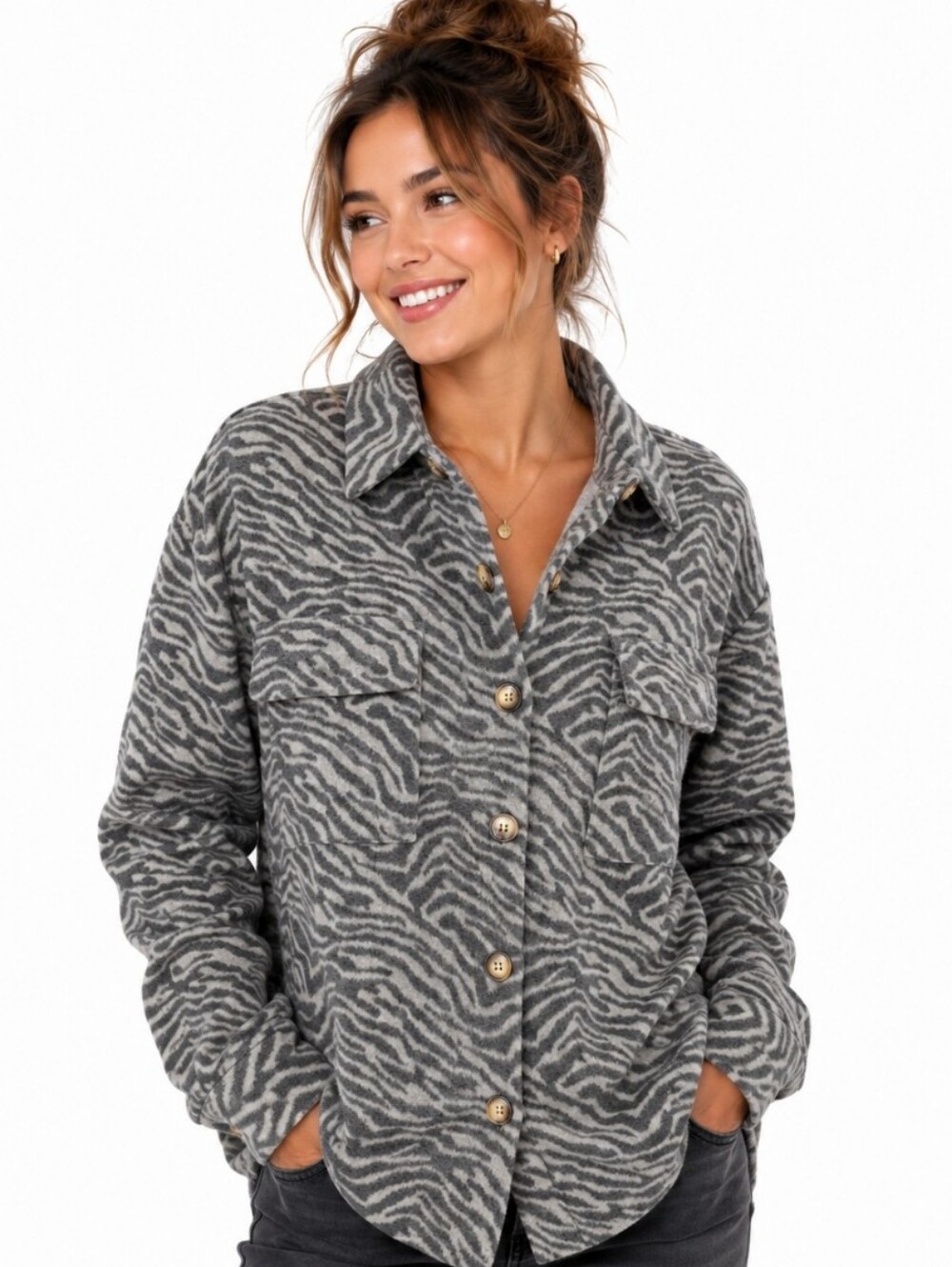PrettyLittleThing Gray Zebra Print Shacket Petite ( Size 6p)